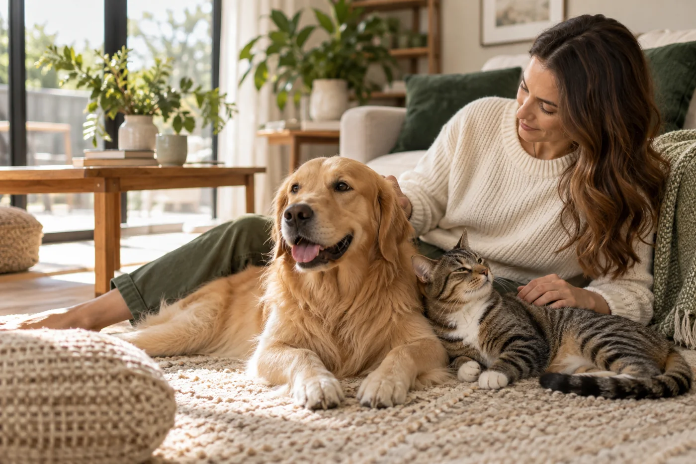 A happy dog and cat relaxing with a caring pet owner