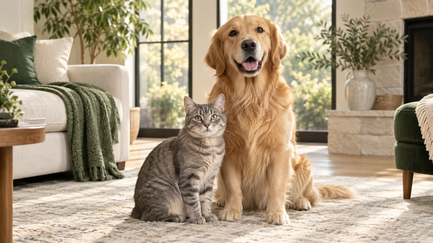 A happy dog and cat relaxing together in a bright home